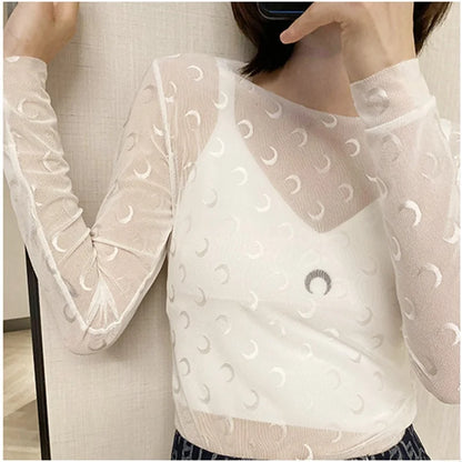 Ice Silk Two Piece Set Womens Sun Protection Clothes Long Sleeve Moon Print Top and Pants American Retro Sexy Autumn New