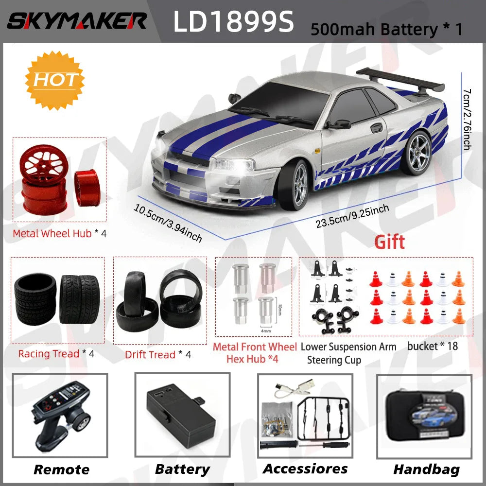 Skymaker LDRC 1/18 RC Drift Car LD1899 GTR Mode R34 2.4GHz RWD with Gyroscope on-Road Alloy Body Shell Racing Car for Boys Gifts