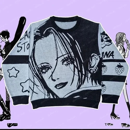 Y2K Harajuku Cartoon Girl Pattern Sweater Japanese Anime Women's Loose Long Sleeve Pullover Goth Retro 2000s Sweater Sweatshirt