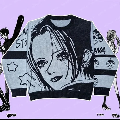Y2K Harajuku Cartoon Girl Pattern Sweater Japanese Anime Women's Loose Long Sleeve Pullover Goth Retro 2000s Sweater Sweatshirt