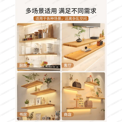 Solid wood luminous laminate wall shelf built-in LED light wall one-word shelf bookshelf honor wall display shelf