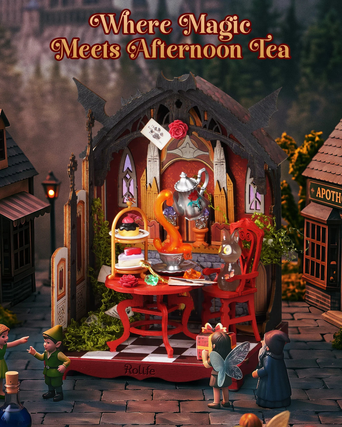 Rolife Tea Room DIY Miniature Dollhouse Kit Craft Gift 1:28 Gothic Rosa Salon Diorama Wooden Model Collectible Home Display