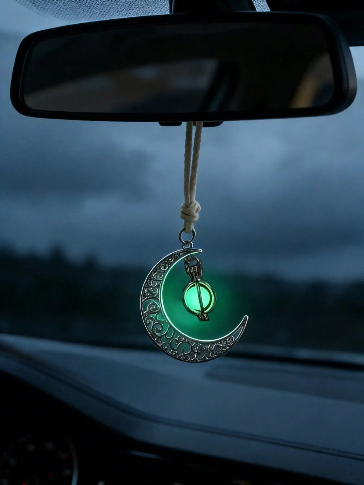 Luminous Moon Pendant Car Hanging Ornament – Hollow Crescent Design, Inlaid with Luminous Stone, Elegant Rearview Mirror Decor