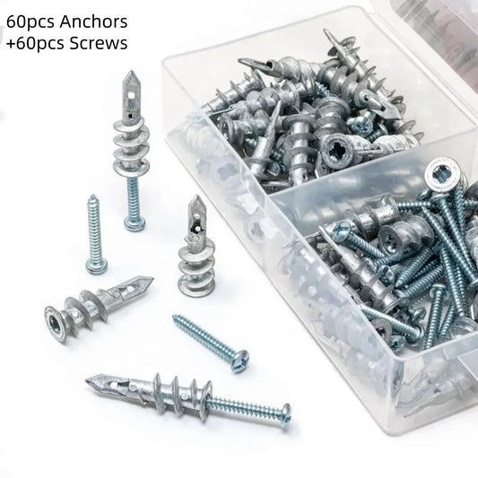 120Pcs Zinc Alloy Plasterboard Hollow Wall Anchor Set - Self-drilling Expansion Screws and Tapping Screws