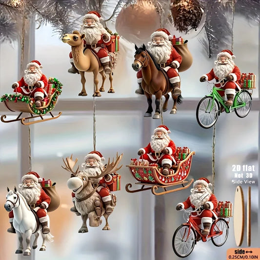 8pcs Different Riding Tools 2D Flat Santa Claus Wooden Ornament Set - Perfect for Christmas Trees and Holiday Home Decorations