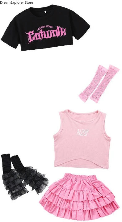 Girls K-pop Crop Top Street Dance Tiered Skirt Cargo Pants Children Costume Kids Hip Hop Streetwear Jazz Girl Group Clothes Sets