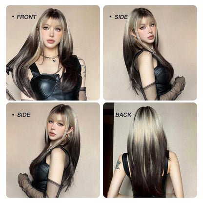 Women's Long Straight Brown Black to White Ombre Wig - Heat-Resistant Synthetic Hair,for Daily Use Cosplay Enthusiasts Christmas