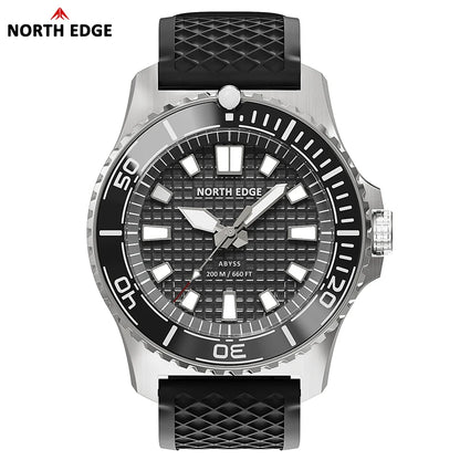 NORTH EDGE ABYSS Men Solar Powered Diving Quartz Luxury Watch 200M Waterproof Dive Sports Watches 316L Steel Case 180+ Day Power
