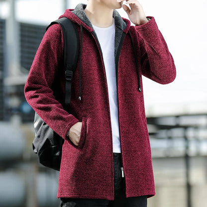 Mens Long Knit Cardigan Autumn Winter Sweater Coat Fleece Heavy Hooded Trench Coat Solid Chenille Men's Fashion Jacket