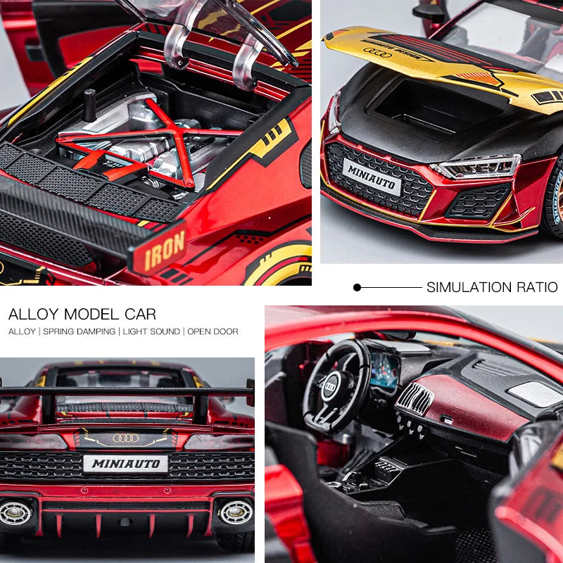 1/24 Audi R8 V10 Racing Car Toy For Children 1:24 Diecast Metal Miniature Model Pull Back Sound & Light Collection Gift For Boys