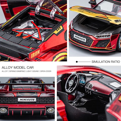 1/24 Audi R8 V10 Racing Car Toy For Children 1:24 Diecast Metal Miniature Model Pull Back Sound & Light Collection Gift For Boys