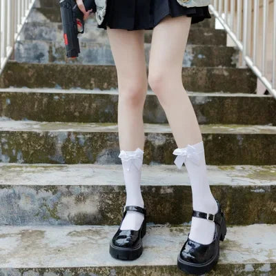 Opaque Bow Knee High Socks New Women Black White Sexy Thigh High Stockings over Knee Long Tights for Girls Ladies