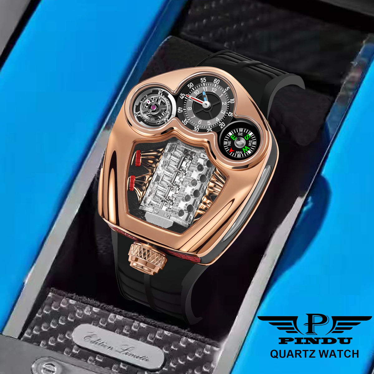 PINDU Design NEW Engine Series Quartz Watch Men Stainless steel Compass Waterproof Swiss quartz 762 movement watch TOP-luxurious