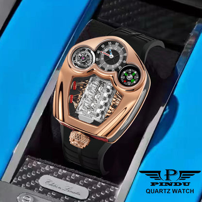 PINDU Design NEW Engine Series Quartz Watch Men Stainless steel Compass Waterproof Swiss quartz 762 movement watch TOP-luxurious