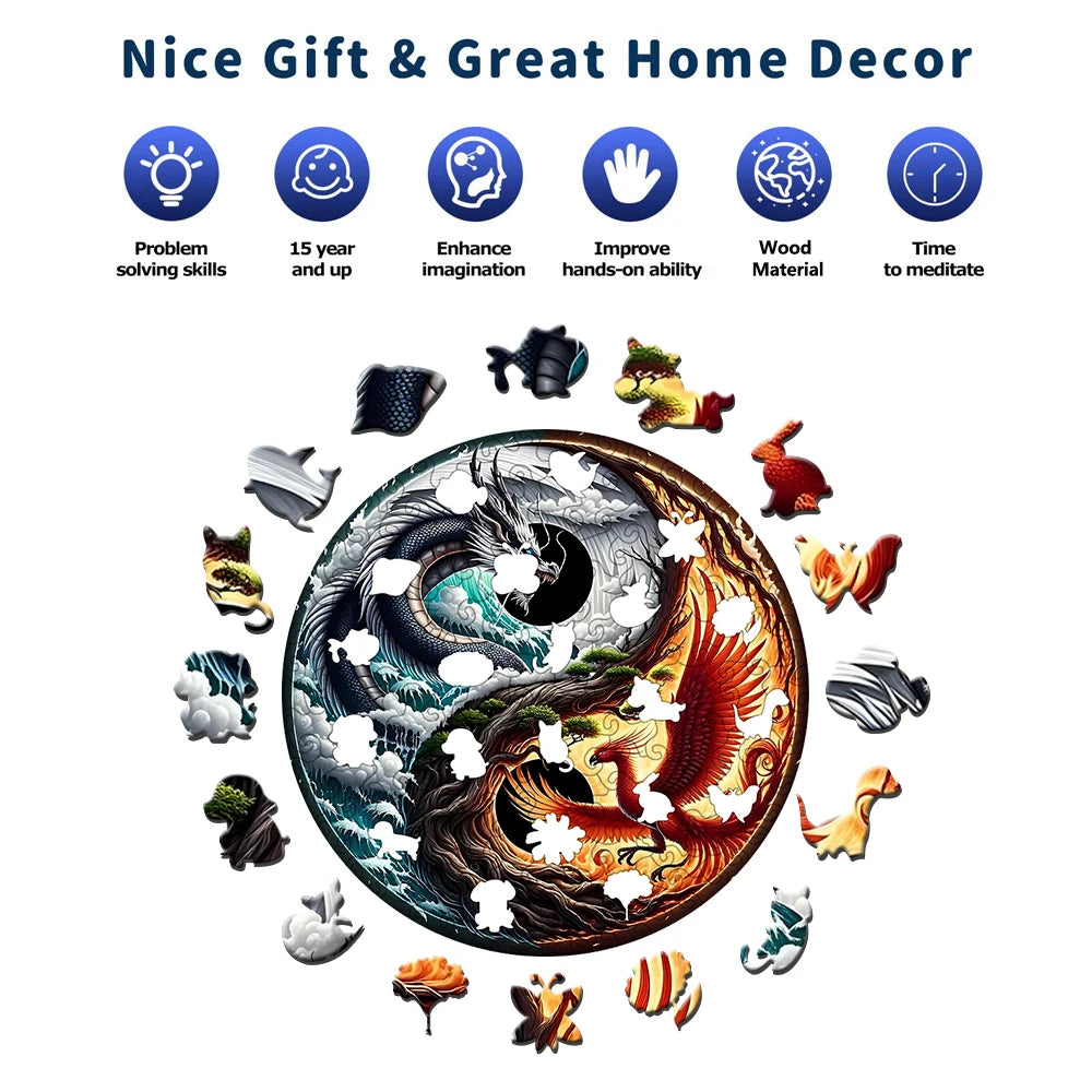 Dragon and Phoenix Theme Wooden Puzzle, Uniquely Irregular Animal Shaped Toys, Creative Handmade Decorations, Holiday GifT