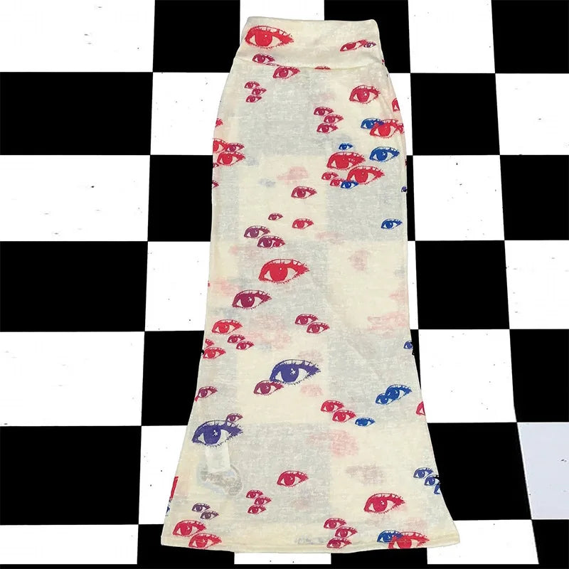 Y2K Eye Print One Shoulder Long Sleeve T Shirt Slim Fit Sexy with Hip Wrap Long Skirt Set for Women