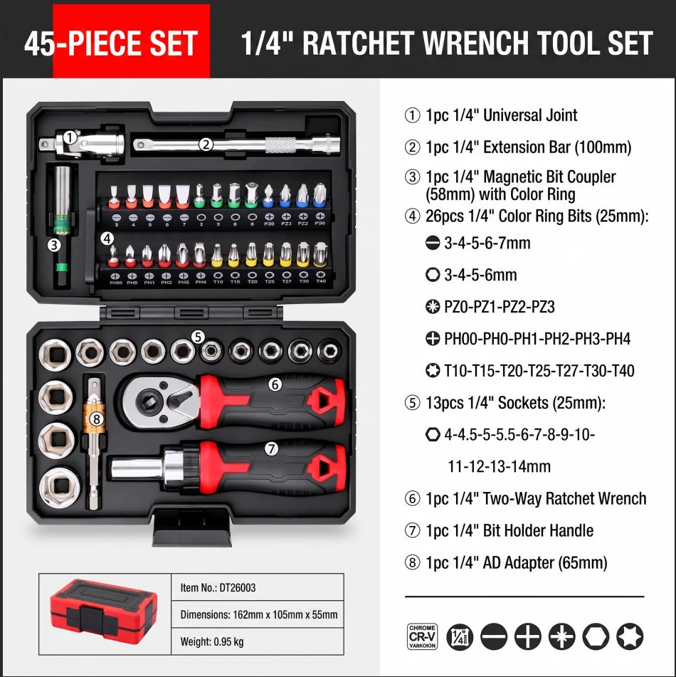 TINSOL 45PCS 1/4 Inch Drive Ratchet Screwdriver Socket Bit Set 72 Tooth CR-V Magnetic Bit Driver Auto Home Repair Tool Kit Case