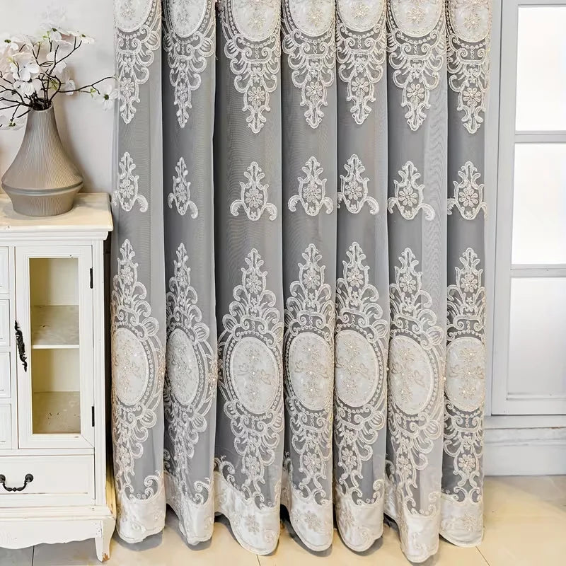 1pc Double Layer Multicolor Blackout Curtain, European Palace Embroidered Sheer + Blind Set, Easy Install for Living Room Bedroo