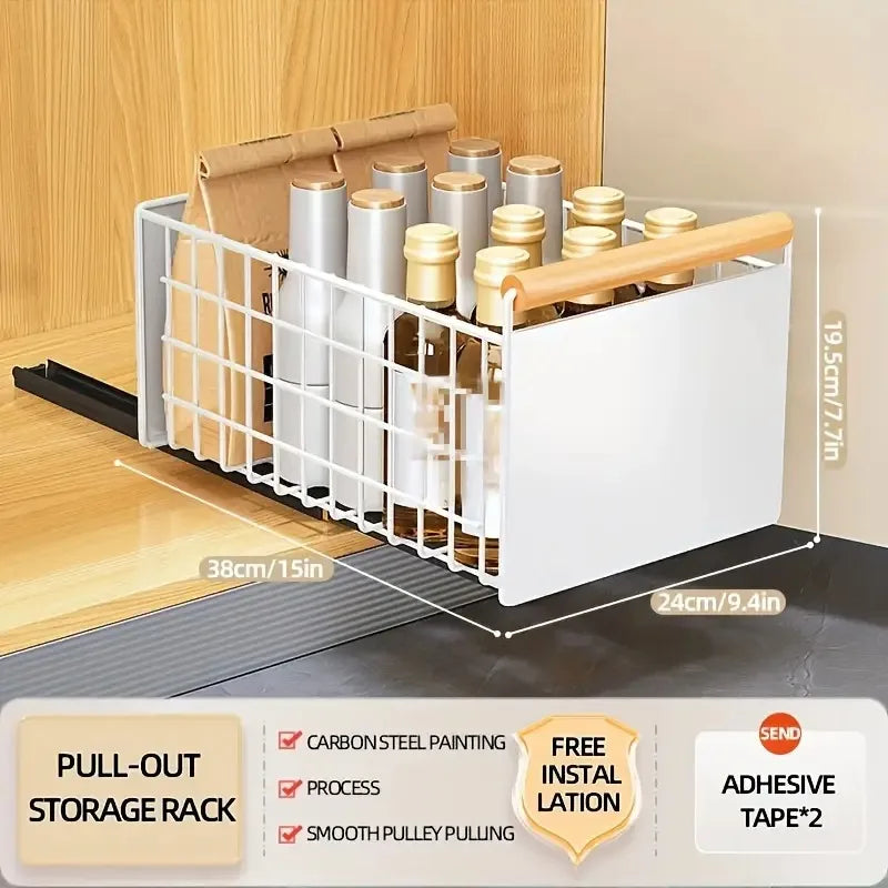 Pull-Out Kitchen Storage Rack - Carbon Steel Dish Rack with Sliding Drawers for Dishes, Cutlery, and Condiment Storage Organizer