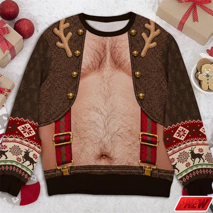 Xmas Sweatshirt Men Funny Cosplay 3D Print Fake Sweater Knit Reindeer Snowflake Pattern Festive Gift New Long Sleeve Sweatshirt