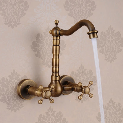 Wall Mounted Two Handles Antique Brass Finish Kitchen Sink Bathroom Basin Faucet Mixer Tap GZ8118