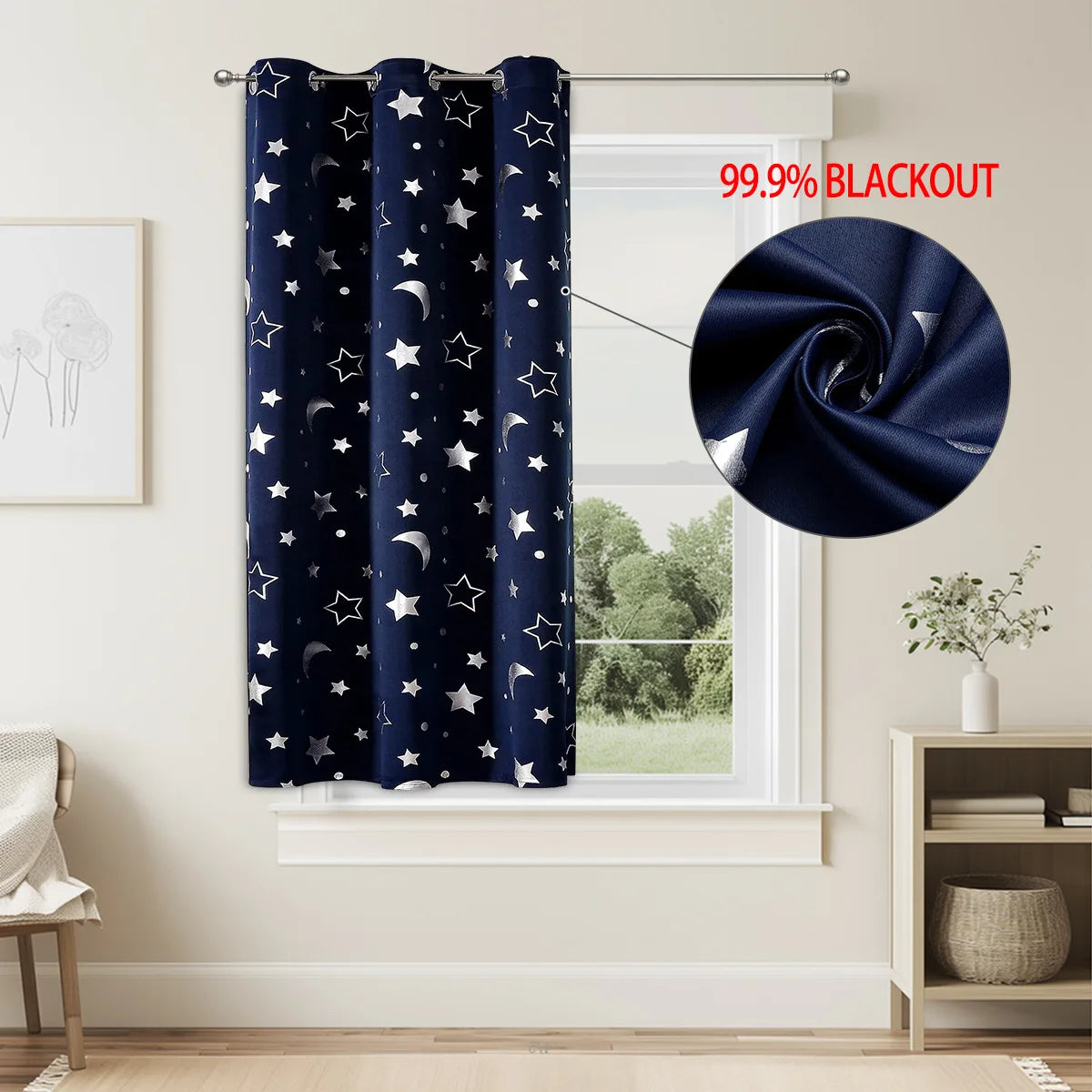 1pc Silver Pressed Star Moon Pattern Blackout Curtain, Window Curtains for Living Room, Bedroom, Kitchen, Home Decor