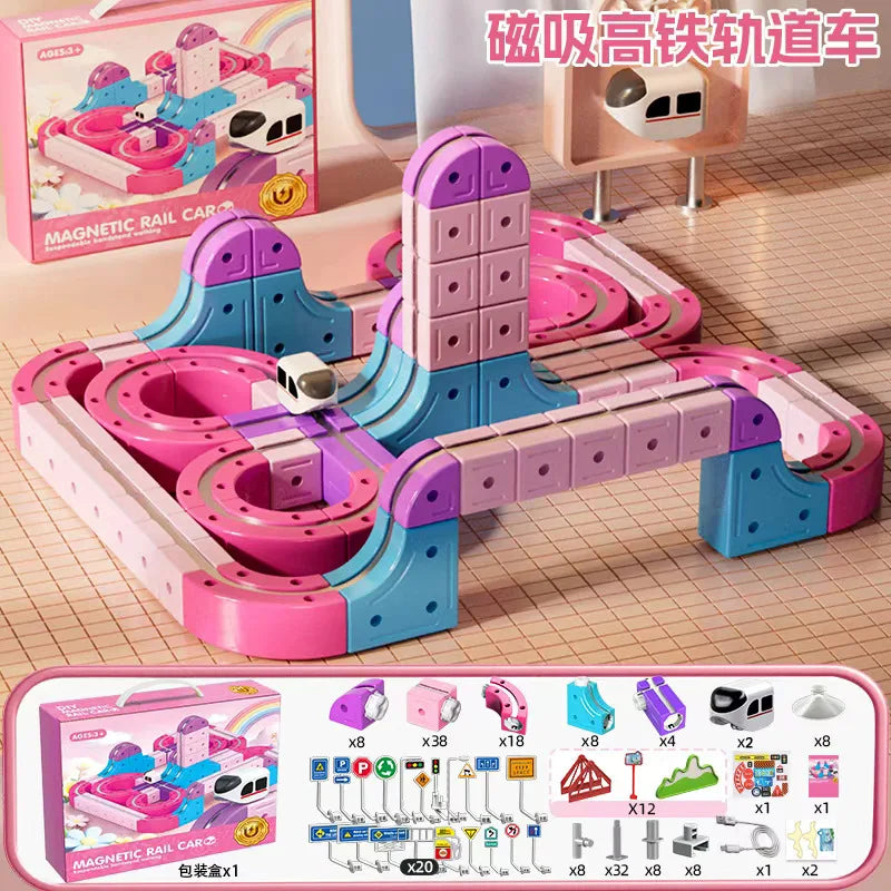 Snap-Together DIY Magnetic Electric Train Anti Gravity Track Set Magnetic Building Blocks Toy For Children Girls Birthday Gift