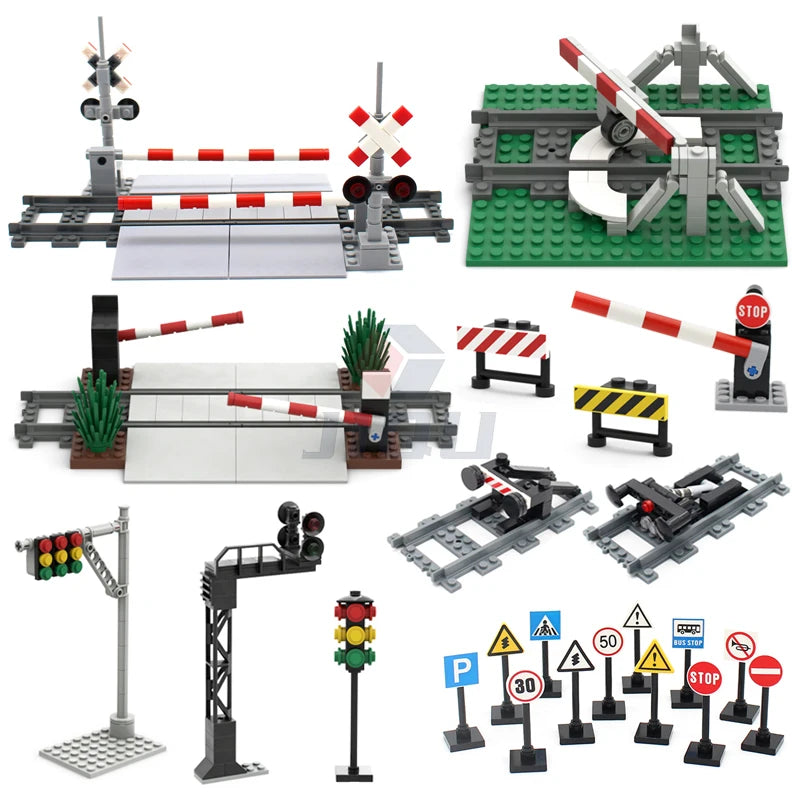 City Traffic Lamp Signpost Railway Barrier Building Blocks MOC Street View Accessories Bricks Speed Limit Indicator Warning Toys