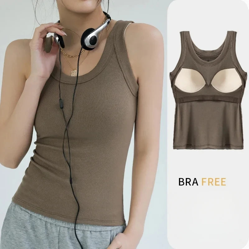 Seamless Built-in Bra Tank Top for Women Wirefree Sports Bra Summer Sleeveless Shirt, Breathable Workout Vest with T-Shirt Combo