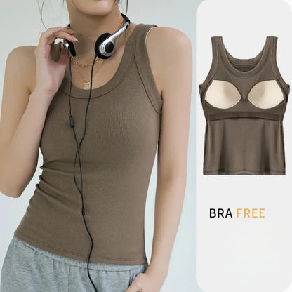 Seamless Built-in Bra Tank Top for Women Wirefree Sports Bra Summer Sleeveless Shirt, Breathable Workout Vest with T-Shirt Combo