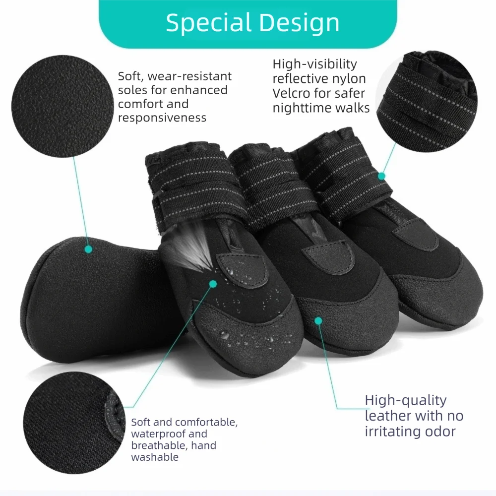 Adjustable Anti-Slip Dog Shoes Wear-Resistant Reflective Waterproof Dog Boots Comfortable Breathable Dog Foot Cover Outdoor