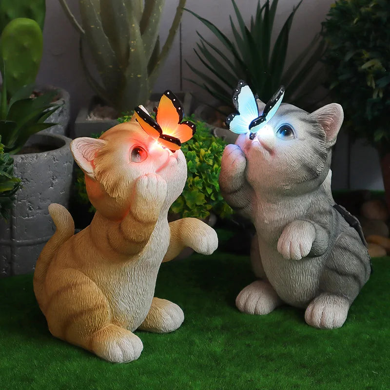 Cute Resin Cat Sculpture with Butterfly Solar Light Garden Courtyard Terrace Lawn Decorative Statue Lamp Ornament