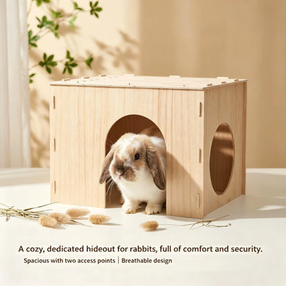 Easy-To-Install Wooden Rabbit House, Glue-Free Assembly, Double Entrance and Exit, Breathable Small Pet Nest, Sturdy Indoor Shelter, Suitable for Rabbits, Guinea Pigs, and Hedgehogs