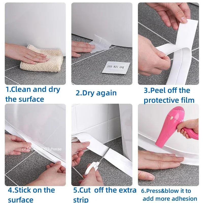 1m/3.2m PVC Waterproof Sealing Tape for Bathroom Sink, Shower, Bathtub and Toilet - Self Adhesive Wall Sticker