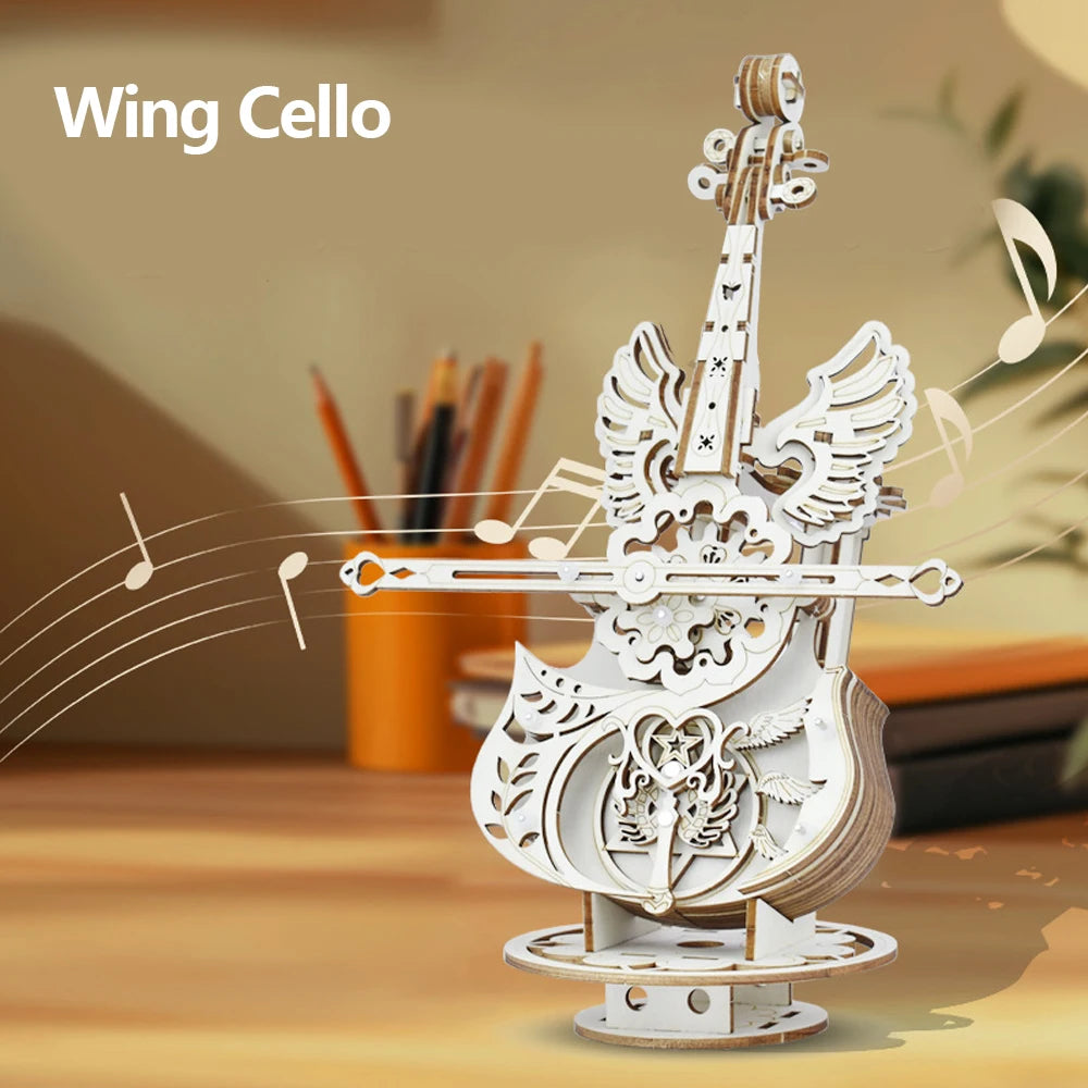 3D Puzzle Wooden Cello Model DIY Assembly Violin Music Box Building Kits Home Living Room Decor Crafts Gift for Adults Kids