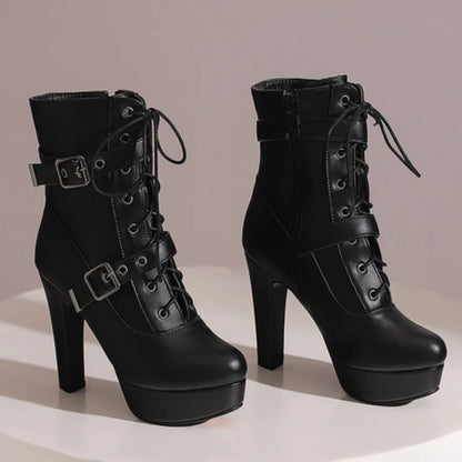 Women Punk Style Lace-Up Ankle Boots Belt Buckle Platform High Heels Short Boot Female White Autumn Winter Round Toe Shoes 2025