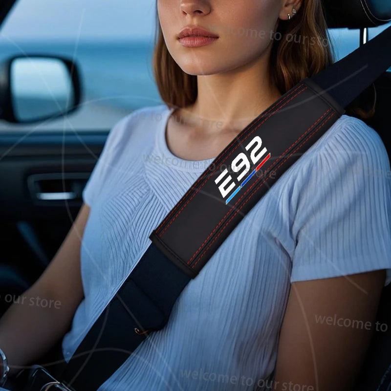 2pcs/set Car For E91 E92 E90 E Series Emblem Flag Of Tricolor Logo Leather Styling Seat Belt Cover Padding Pad Accessories