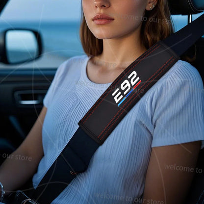 2pcs/set Car For E91 E92 E90 E Series Emblem Flag Of Tricolor Logo Leather Styling Seat Belt Cover Padding Pad Accessories
