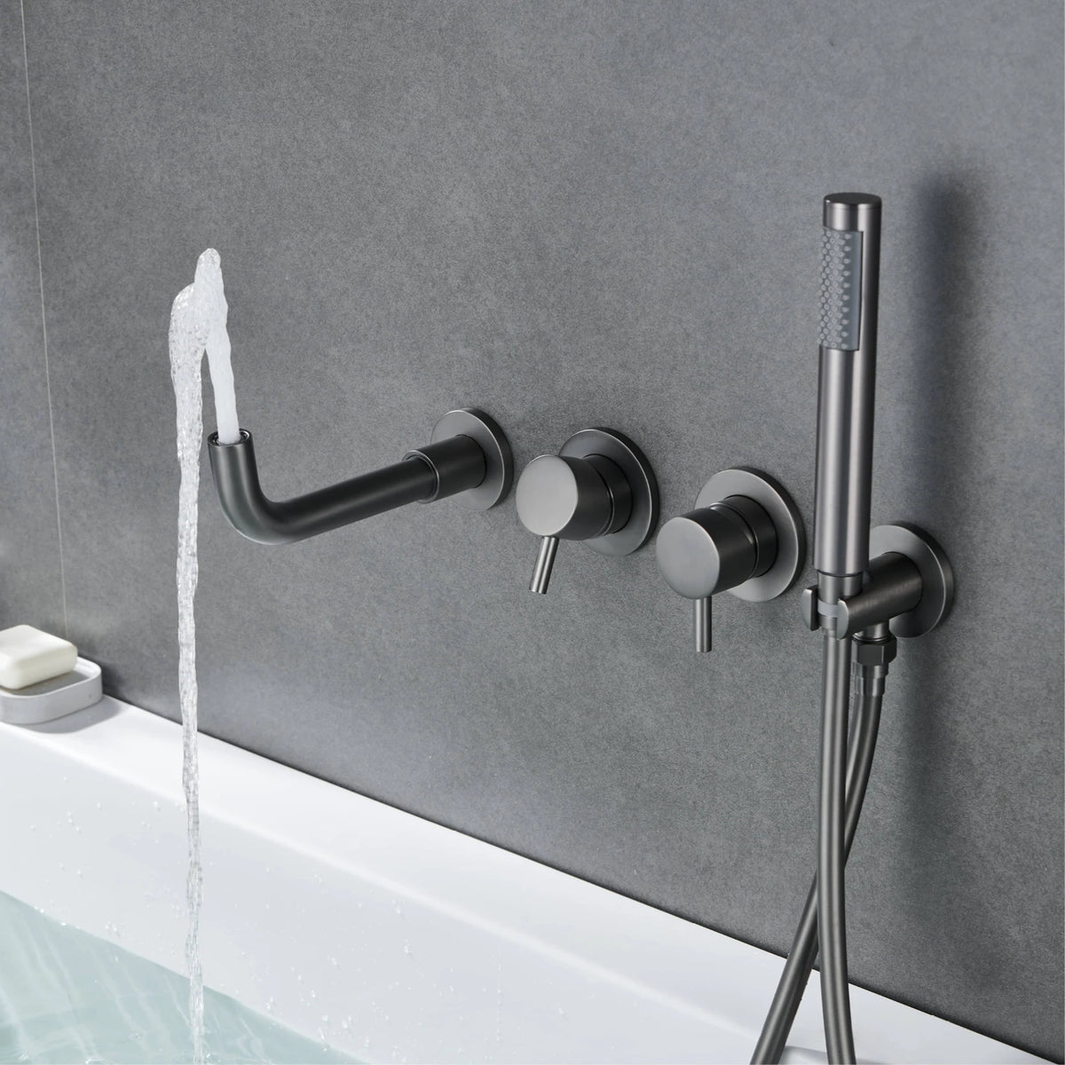 Simple Luxury Gun Gray Brass Bathroom Faucet with Wall Design and a Dual Handle Bathtub Mixer for Both Hot and Cold Water