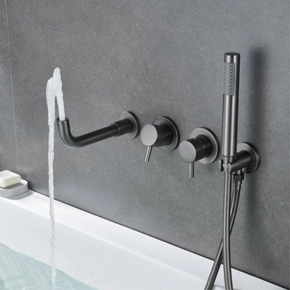 Simple Luxury Gun Gray Brass Bathroom Faucet with Wall Design and a Dual Handle Bathtub Mixer for Both Hot and Cold Water
