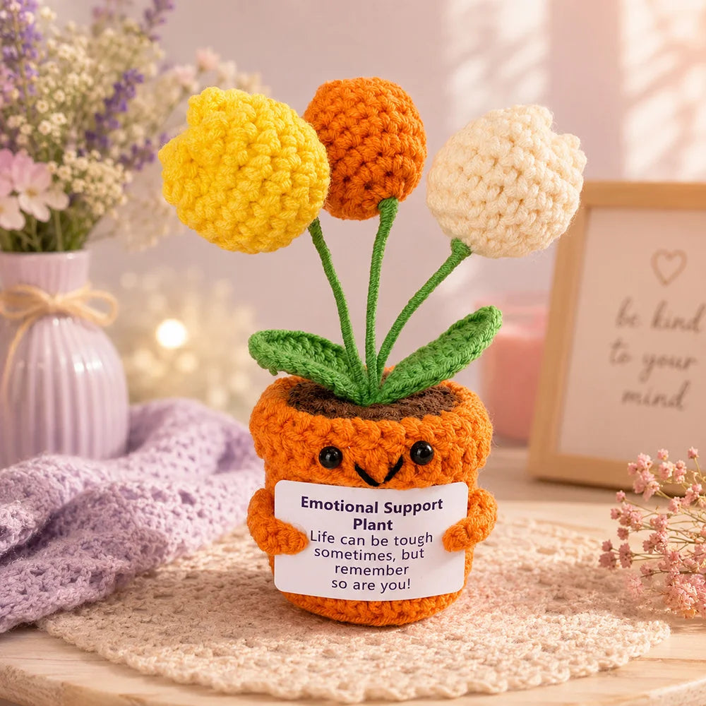 Positive Crochet Handmade Amigurumi Doll Emotional Support Pocket Hug Knit Plant Flower Encouragement Gift for Friends Coworker