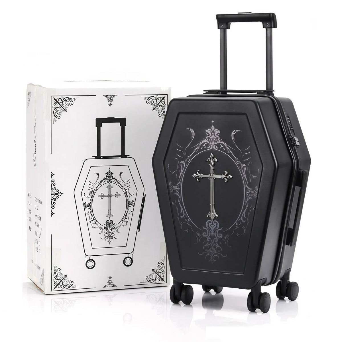 Unique Design Gothic Coffin Suitcase Halloween Travel Bag Black Retro Trunk Vampire Themed Suitcase Dark Aesthetic Luggage