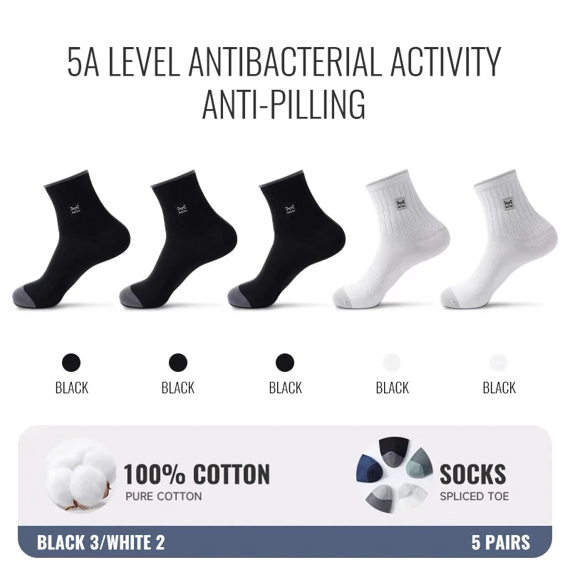MiiOW 100% Pure Cotton Socks Men Business Dress Sock Anti Odor Crew Socks Antibacterial Breathable Sports Long Sock Black White