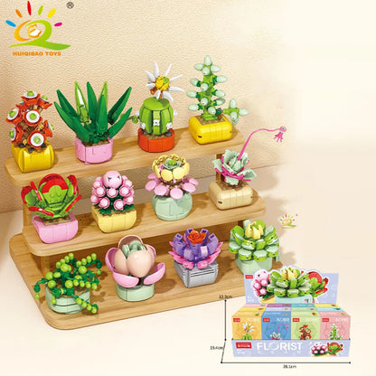 HUIQIBAO MOC Flower Succulent Potted Model Building Block DIY Eternal Bouquet Home Desk Plant Decor Brick Girl Gift Children Toy