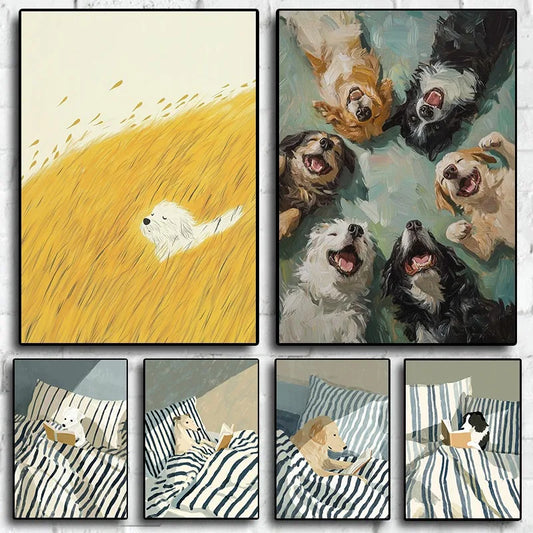 Vintage Greyhound Dogs Reading Breezy Dog in Nature Happy Dogs Animal Poster Canvas Painting Wall Art Pictures Home Decor
