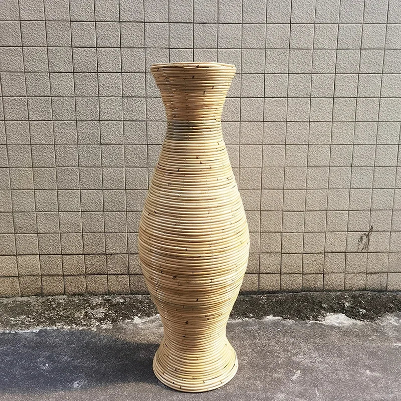 Large Natural Woven Rattan Floor Vase Bohemian Style Eco-Friendly Living Room Centerpiece Standing Planter for Home Decor