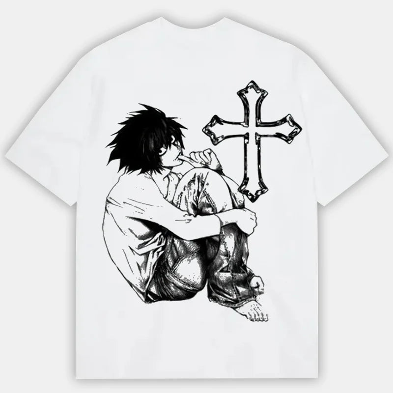 2026 Summer Death Note L Lawliet Anime T-Shirt Oversized Streetwear Cotton Tee Retro Manga Aesthetic with Moon & Japanese Text