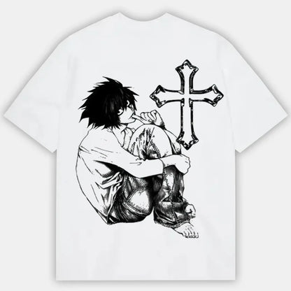 2026 Summer Death Note L Lawliet Anime T-Shirt Oversized Streetwear Cotton Tee Retro Manga Aesthetic with Moon & Japanese Text
