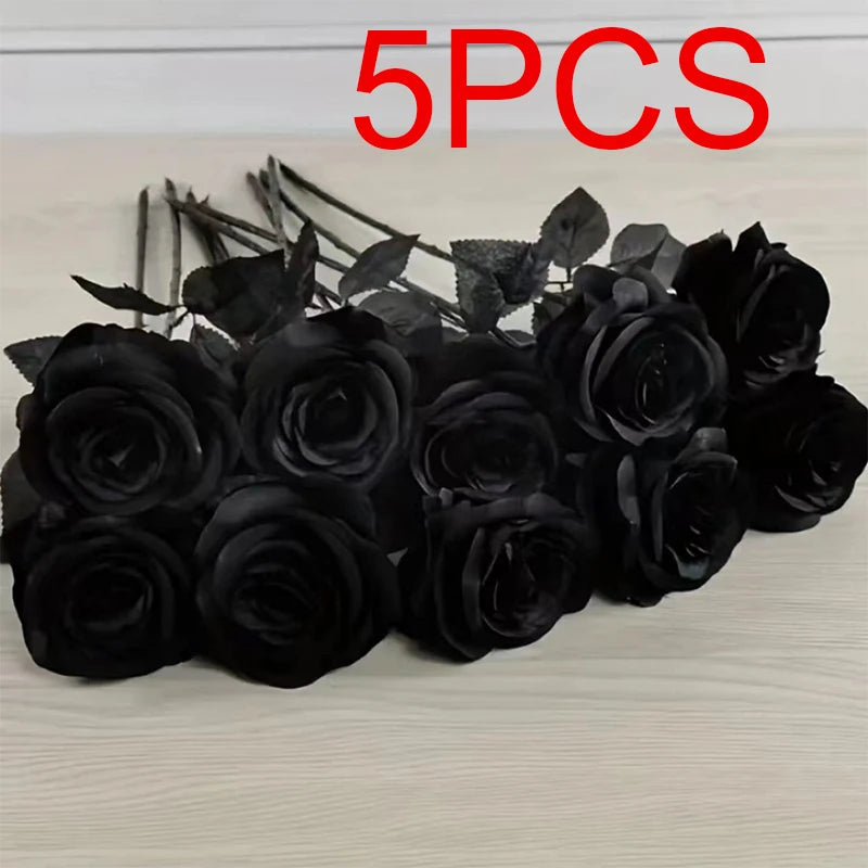 Artificial Black Roses Fake Flowers Long Stem With leaves for Halloween Home Decor Wedding Party Tabletop Bouquet DIY Creative