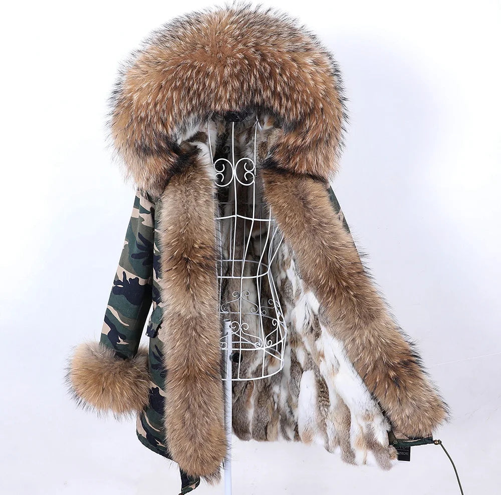 2026 Maomaokong Women's Winter Coats Rabbit Lining Jacket Natural Real Raccoon Fur Collar Parka Fox Fur Long Female Clothing